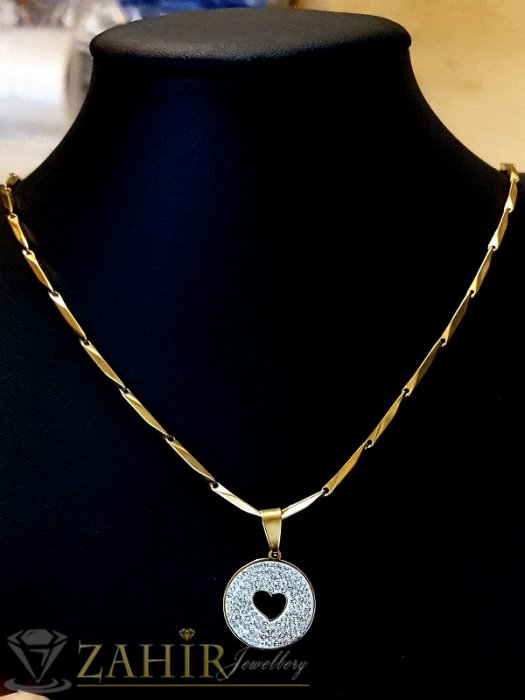 Дамски бижута - Кристален стоманен медальон 2 см със сърце на великолепна верижка 54 см, позлатена стомана - K2080